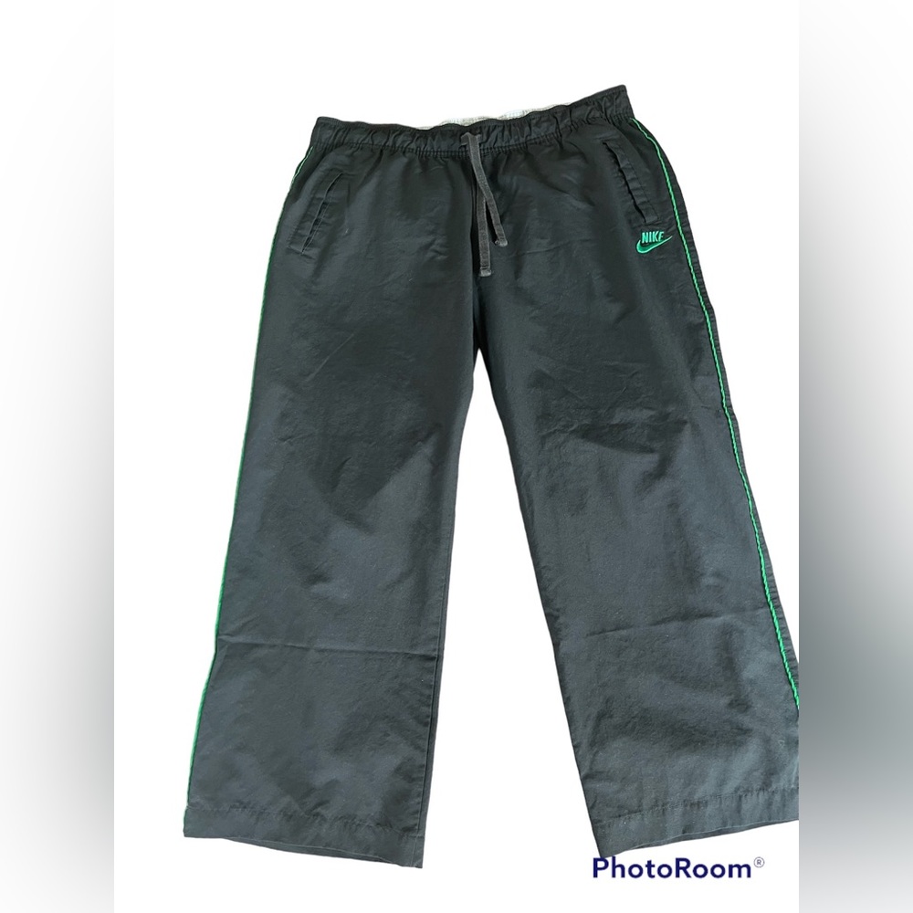 Nike Track Pants Vintage.  Black with Green Piping & Swoosh. Size-XL (16-18)